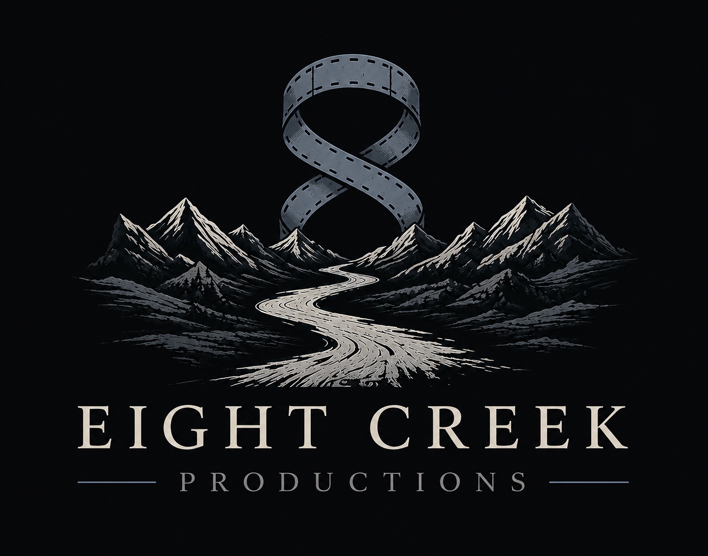 Eight Creek Productions: a figure eight made of film above mountains and a winding creek